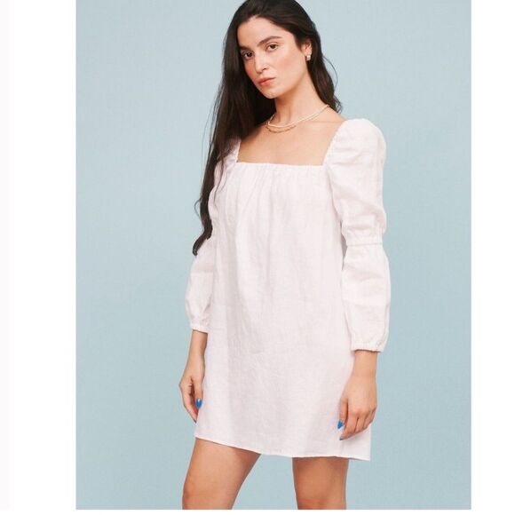 Reformation 100% Linen Winter White Long Sleeve Jerri Linen Dress Mini Small - Picture 10 of 11